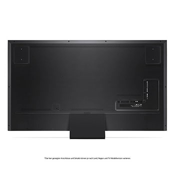 Rückansicht des LG QNED MiniLED AI QNED91 4K Smart Fernsehers, zeigt das Design der Rückseite, Anschlüsse und die zentrale Standfußverbindung.
