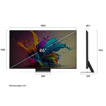 Diagramm mit Abmessungen (mm) für den 86 Zoll LG QNED MiniLED AI QNED91 4K Smart TV: B 1925, H 1174, T 370. Panel-Tiefe 46,1.