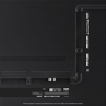 Nahaufnahme der Anschlüsse des LG QNED MiniLED AI QNED91 4K Smart Fernsehers, einschließlich Zugang zu HDMI, USB und Antenne.