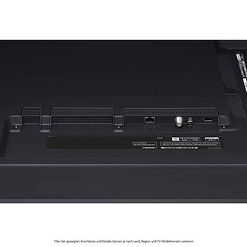 Nahaufnahme der nach unten gerichteten Anschlüsse (Optisch, LAN, Antenne) auf der Rückseite des LG QNED MiniLED AI QNED91 4K Smart Fernsehers.
