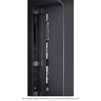 Detaillierte Nahaufnahme der seitlichen Anschlüsse des LG QNED MiniLED AI QNED91 4K Smart Fernsehers, zeigt HDMI 1-4 und CI-Slot.