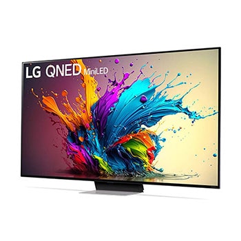 LG QNED MiniLED AI QNED91 4K Smart Fernseher aus einer leichten vorderen rechten Perspektive, zeigt Bildschirm und zentralen Standfuß.