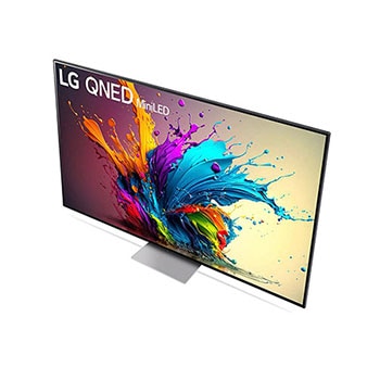 Ansicht des LG QNED MiniLED AI QNED91 4K Smart Fernsehers aus hoher Perspektive, von oben auf Bildschirm und zentralen Standfuß blickend.