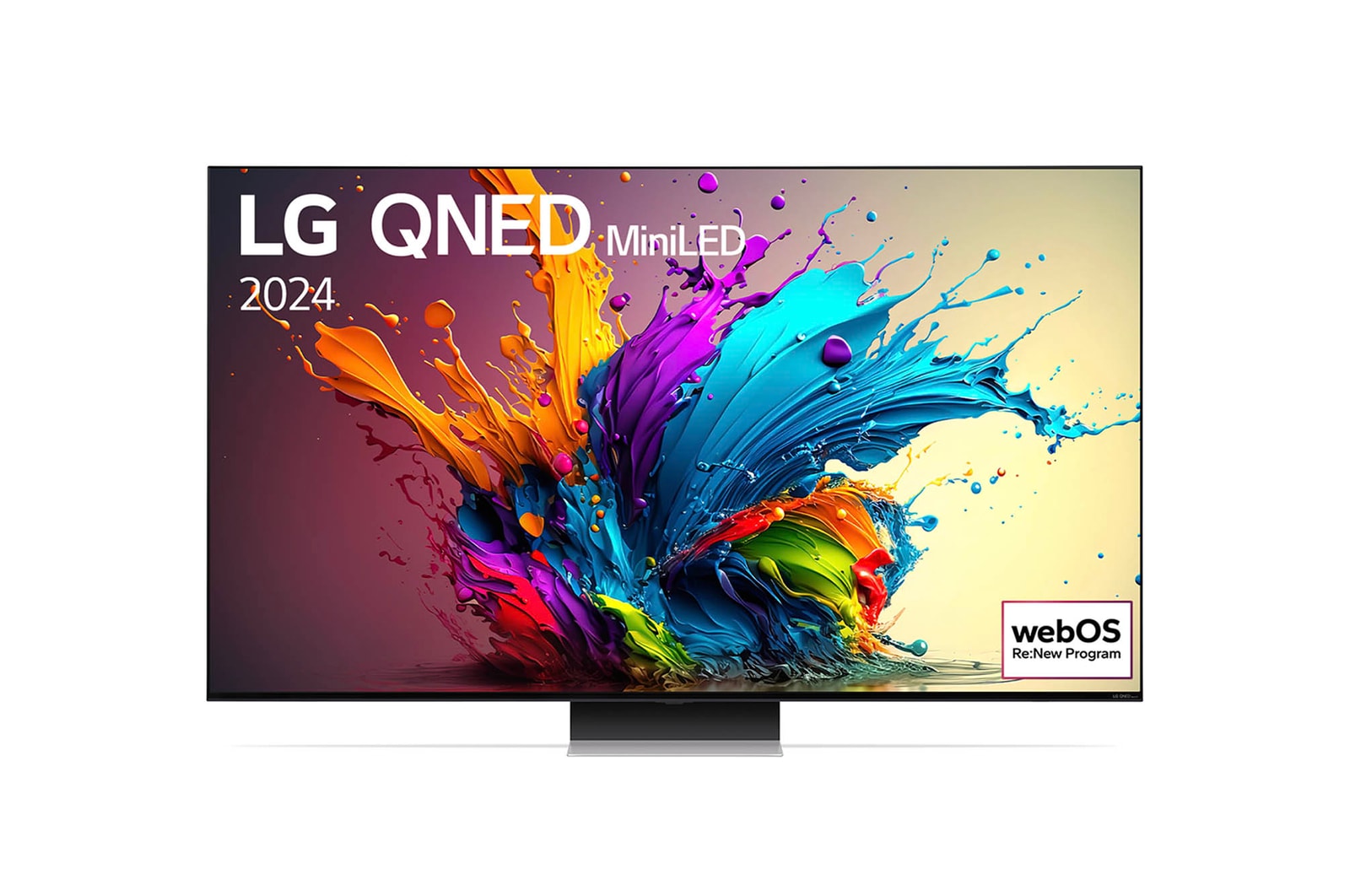 Vorderansicht des LG QNED MiniLED AI QNED91 4K Smart Fernsehers (Modell 2024) mit lebendiger abstrakter Kunst auf dem Bildschirm.