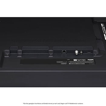 Nahaufnahme der Anschlüsse des LG QNED MiniLED AI QNED91 4K Smart Fernsehers, einschließlich Zugang zu HDMI, USB und Antenne.