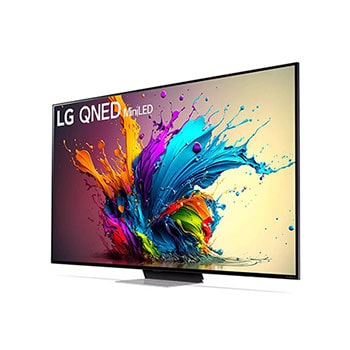 LG QNED MiniLED AI QNED91 4K Smart Fernseher aus einer stärker angewinkelten vorderen rechten Perspektive, zeigt Bildschirm und zentralen Standfuß.