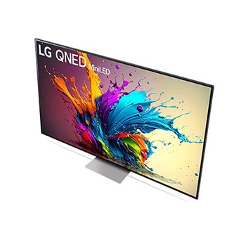 Ansicht des LG QNED MiniLED AI QNED91 4K Smart Fernsehers aus hoher Perspektive, von oben auf Bildschirm und zentralen Standfuß blickend.
