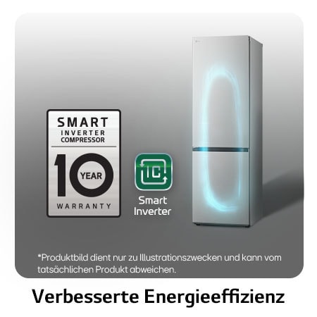 LG Kühl-Gefrierkombination GBV310TBPY mit Smart Inverter Kompressor Logo, zeigt die 10-Jahres-Garantie und verbesserte Energieeffizienz.