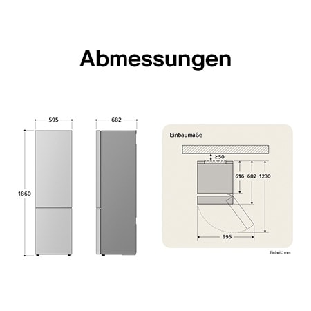 LG Kühl-Gefrierkombination GBV5140AMB technische Zeichnung: H 1860, B 595, T 675 mm mit Einbaumaßen und 995 mm Türöffnungsraum.