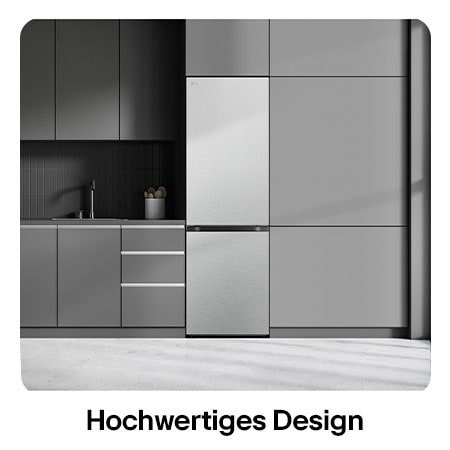 LG Kühl-Gefrierkombination GBV5140AMB in Edelstahl-Optik, zeigt das Modern Flat Door Design und die nahtlose Integration in die dunkelgraue Küchenzeile.