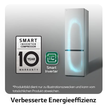 LG Kühl-Gefrierkombination GBV5240APY mit Smart Inverter Kompressor Logo, zeigt die 10-Jahres-Garantie und verbesserte Energieeffizienz.
