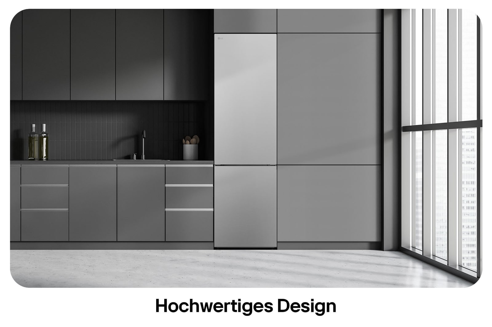 LG Kühl-Gefrierkombination GBV22NCBPY in Prime Silver, zeigt das 203 cm hohe Flat Door Design und die nahtlose Integration in die moderne Küchenzeile.