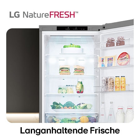 LG Kühl-Gefrierkombination GBV22NCBPY zeigt NatureFRESH Innenraum mit Weinregal und vollem Frischefach für langanhaltende Frische.