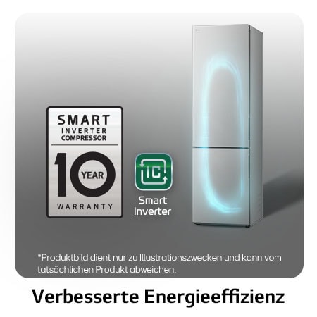 LG Kühl-Gefrierkombination GBV22NCCPY mit Smart Inverter Kompressor Logo, zeigt die 10-Jahres-Garantie und verbesserte Energieeffizienz.