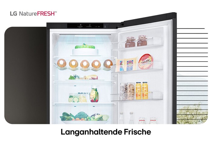 LG Kühl-Gefrierkombination GBV3200DEP zeigt NatureFRESH Innenraum mit Weinregal und vollem Frischefach für langanhaltende Frische.