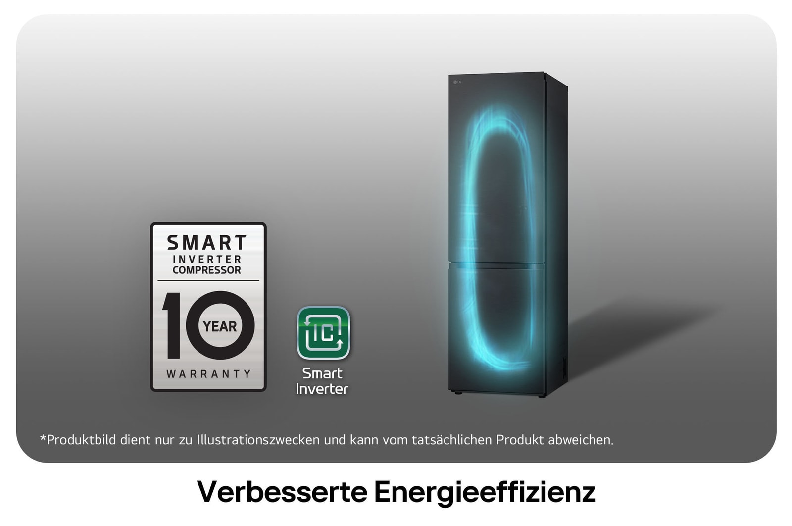 LG Kühl-Gefrierkombination GBV3100AEP mit Smart Inverter Kompressor Logo, zeigt die 10-Jahres-Garantie und verbesserte Energieeffizienz.