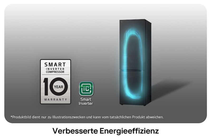 LG Kühl-Gefrierkombination GBV3100AEP mit Smart Inverter Kompressor Logo, zeigt die 10-Jahres-Garantie und verbesserte Energieeffizienz.