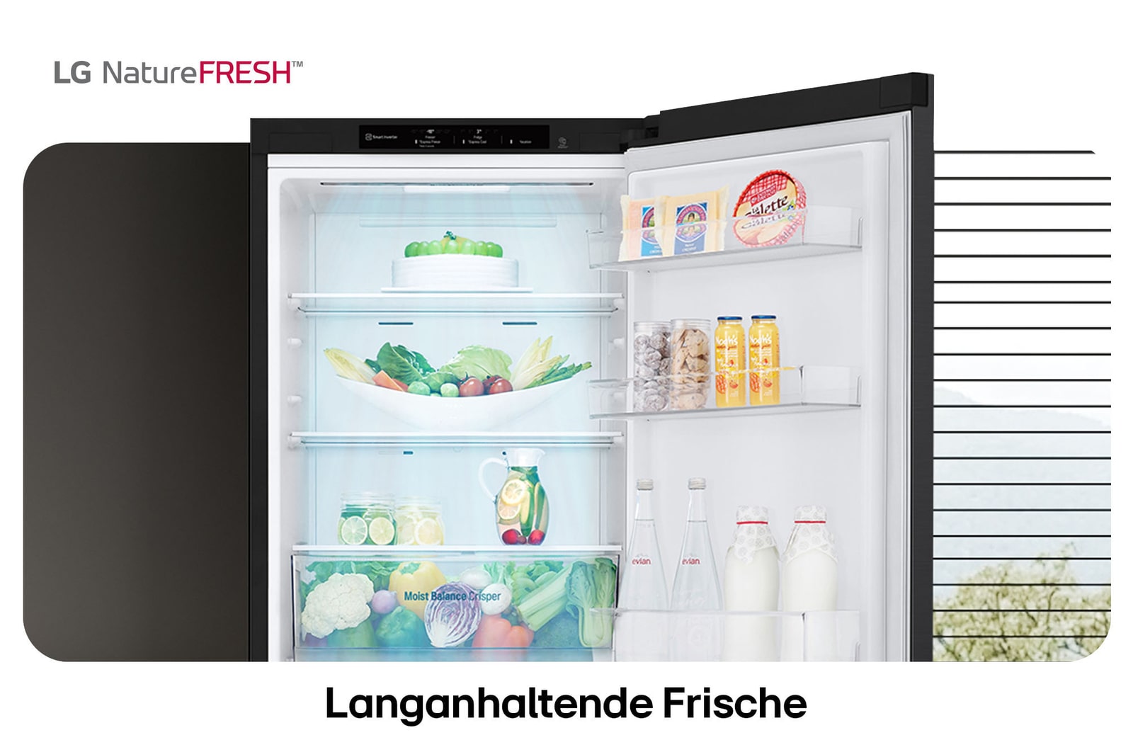 LG Kühl-Gefrierkombination GBV3100AEP zeigt NatureFRESH Innenraum mit gefülltem Moist Balance Crisper für langanhaltende Frische.