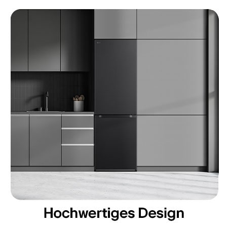LG Kühl-Gefrierkombination GBV3100AEP in mattem Schwarz, zeigt das Modern Flat Door Design und die nahtlose Integration in die dunkelgraue Küchenzeile.
