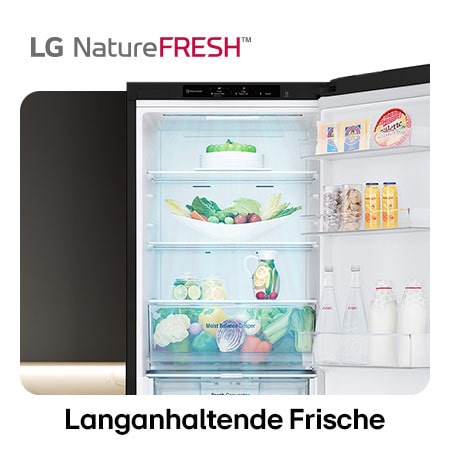 LG Kühl-Gefrierkombination GBV3100AEP zeigt NatureFRESH Innenraum mit gefülltem Moist Balance Crisper für langanhaltende Frische.