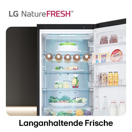 LG Kühl-Gefrierkombination GBV7270BEV zeigt NatureFRESH Innenraum mit Weinregal und vollem Frischefach für langanhaltende Frische.