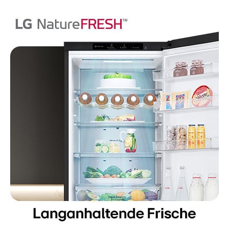 LG Kühl-Gefrierkombination GBV7280BEV zeigt NatureFRESH Innenraum mit Weinregal und vollem Frischefach für langanhaltende Frische.