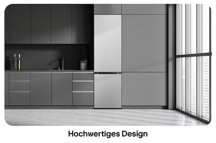 LG Kühl-Gefrierkombination GBV7280AMB in Metal Sorbet, zeigt das 203 cm hohe Flat Door Design und die nahtlose, elegante Integration in die Küchenzeile.