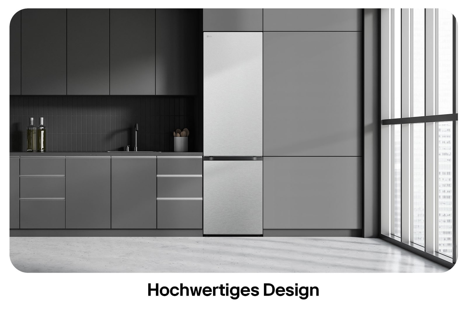 LG Kühl-Gefrierkombination GBV7280AMB in Metal Sorbet, zeigt das 203 cm hohe Flat Door Design und die nahtlose, elegante Integration in die Küchenzeile.