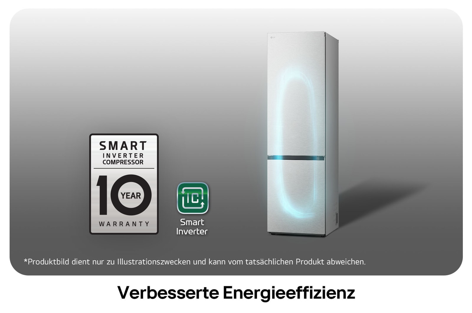LG Kühl-Gefrierkombination GBV7280AMB mit Smart Inverter Kompressor Logo, zeigt die 10-Jahres-Garantie und verbesserte Energieeffizienz.