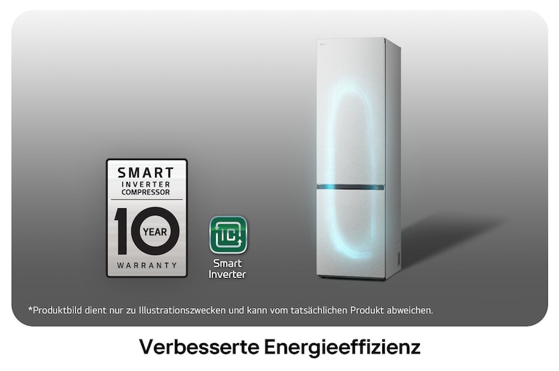 LG Kühl-Gefrierkombination GBV7280AMB mit Smart Inverter Kompressor Logo, zeigt die 10-Jahres-Garantie und verbesserte Energieeffizienz.