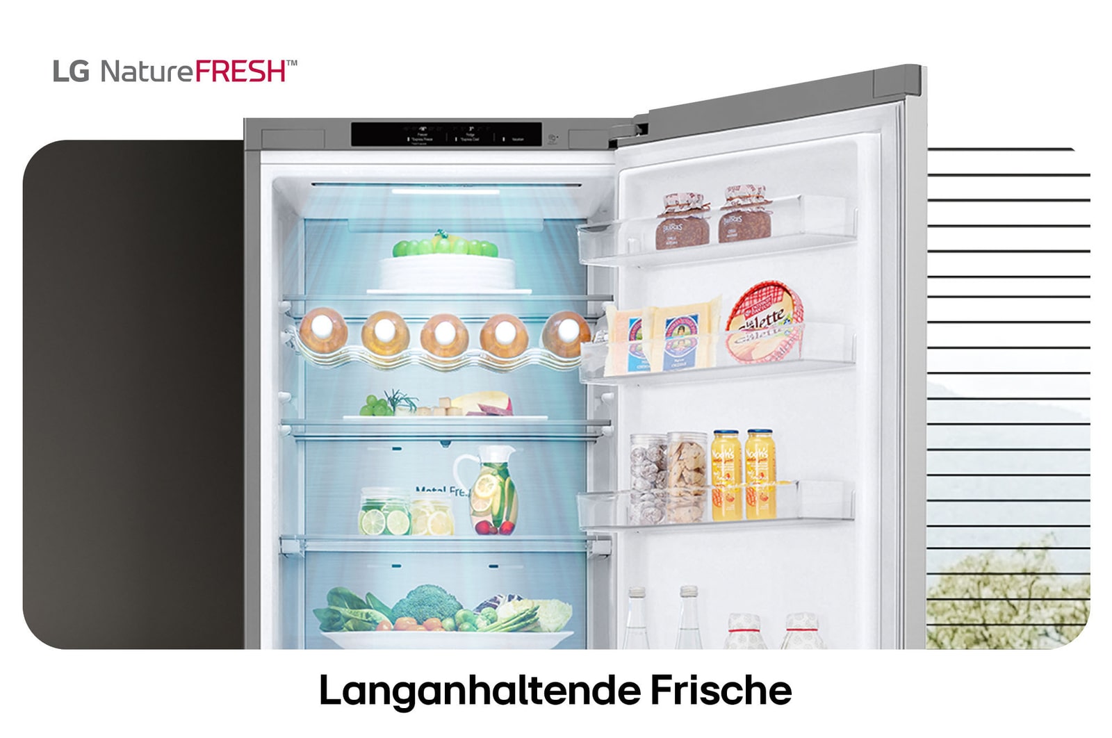 LG Kühl-Gefrierkombination GBV7280AMB zeigt NatureFRESH Innenraum mit Weinregal und vollem Frischefach für langanhaltende Frische.