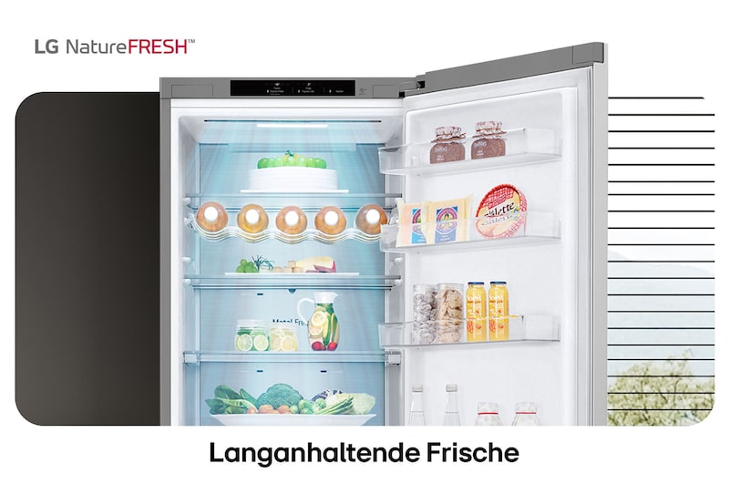 LG Kühl-Gefrierkombination GBV7280AMB zeigt NatureFRESH Innenraum mit Weinregal und vollem Frischefach für langanhaltende Frische.