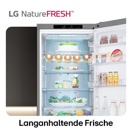 LG Kühl-Gefrierkombination GBV7280AMB zeigt NatureFRESH Innenraum mit Weinregal und vollem Frischefach für langanhaltende Frische.