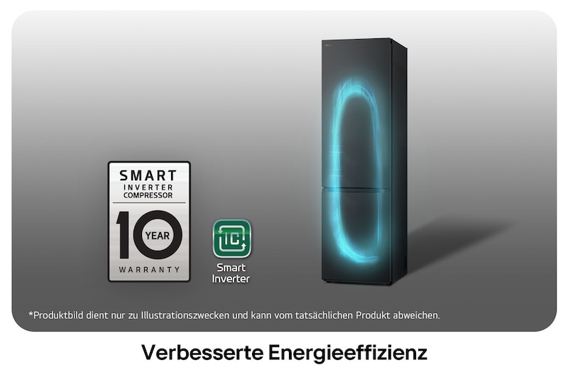 LG Kühl-Gefrierkombination GBV7280AEV mit Smart Inverter Kompressor Logo, zeigt die 10-Jahres-Garantie und verbesserte Energieeffizienz.