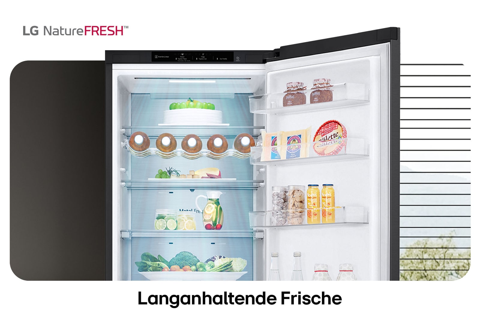 LG Kühl-Gefrierkombination GBV7280AEV zeigt NatureFRESH Innenraum mit Weinregal und vollem Frischefach für langanhaltende Frische.
