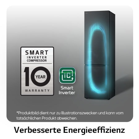 LG Kühl-Gefrierkombination GBV7280AEV mit Smart Inverter Kompressor Logo, zeigt die 10-Jahres-Garantie und verbesserte Energieeffizienz.