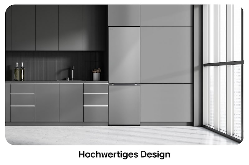 LG Kühl-Gefrierkombination GBV3100BPY in Prime Silver, zeigt das Modern Flat Door Design und die nahtlose Integration in die Küchenzeile.