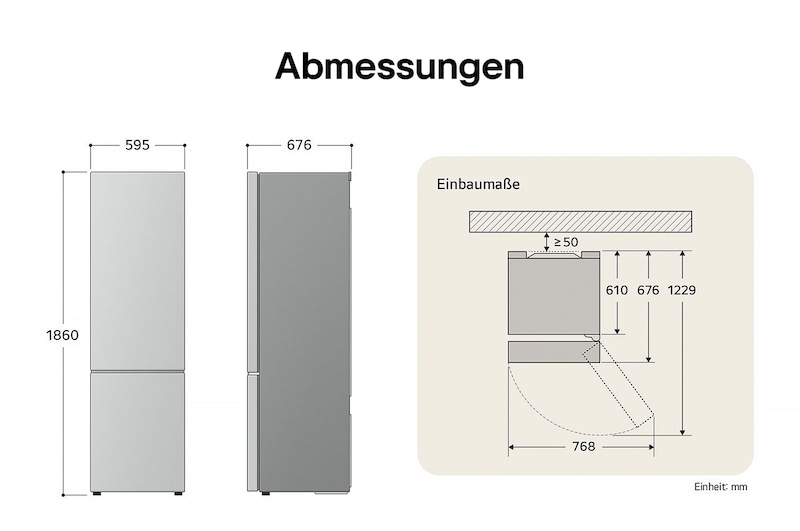 LG Kühl-Gefrierkombination GBG7190CEV technische Zeichnung: H 1860, B 595, T 676 mm mit Einbaumaßen und erforderlichem Freiraum.