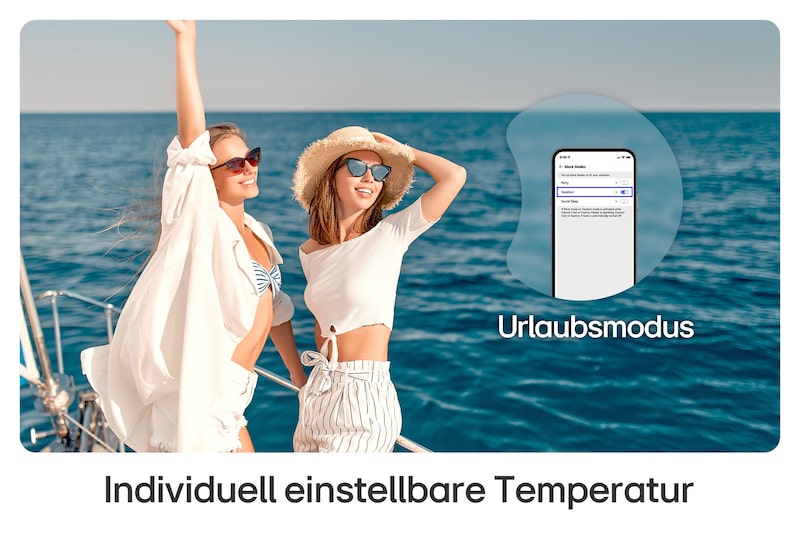 LG Kühl-Gefrierkombination GBG7190CEV zeigt Urlaubsmodus über die ThinQ App, wodurch beim Reisen Energie durch individuelle Temperatureinstellungen gespart wird.