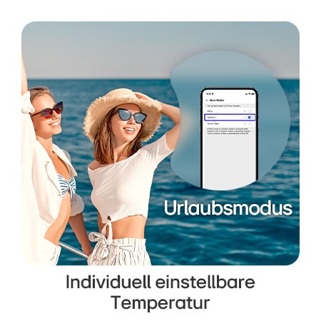 LG Kühl-Gefrierkombination GBG7190CEV zeigt Urlaubsmodus über die ThinQ App, wodurch beim Reisen Energie durch individuelle Temperatureinstellungen gespart wird.