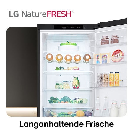 LG Kühl-Gefrierkombination GBV3200CEP zeigt NatureFRESH Innenraum mit Weinregal und vollem Frischefach für langanhaltende Frische.