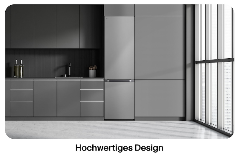 LG Kühl-Gefrierkombination GBV3200CPY in Prime Silver, zeigt das 203 cm hohe Flat Door Design und die nahtlose Integration in die moderne Küchenzeile.