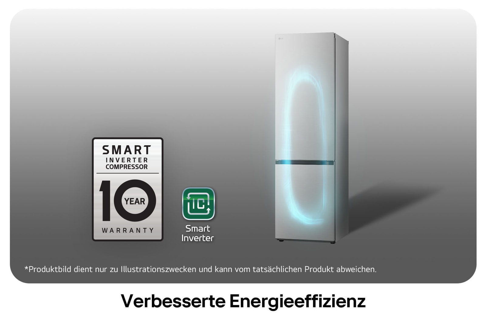 LG Kühl-Gefrierkombination GBV3200CPY mit Smart Inverter Kompressor Logo, zeigt die 10-Jahres-Garantie und verbesserte Energieeffizienz.