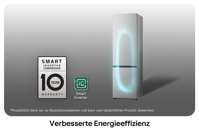 LG Kühl-Gefrierkombination GBV3200CPY mit Smart Inverter Kompressor Logo, zeigt die 10-Jahres-Garantie und verbesserte Energieeffizienz.