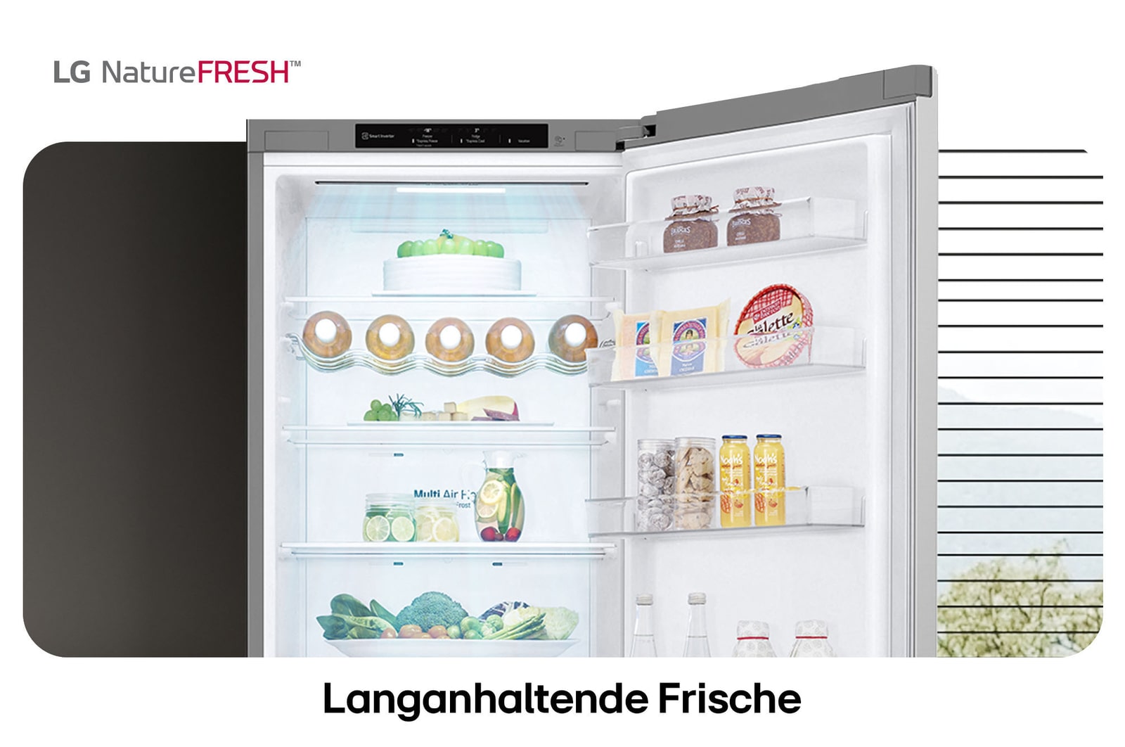 LG Kühl-Gefrierkombination GBV3200CPY zeigt NatureFRESH Innenraum mit Weinregal und vollem Frischefach für langanhaltende Frische.