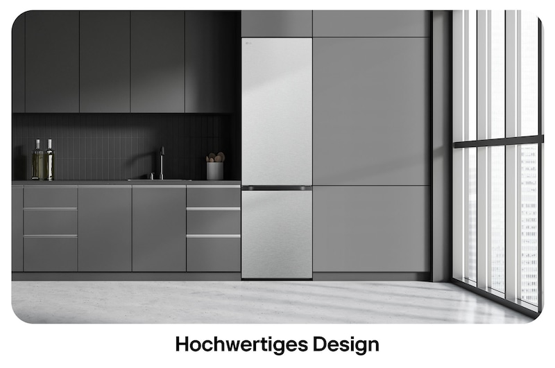 LG Kühl-Gefrierkombination GBV7280CMB in Metal Sorbet, zeigt das 203 cm hohe Flat Door Design und die nahtlose, elegante Integration in die Küchenzeile.