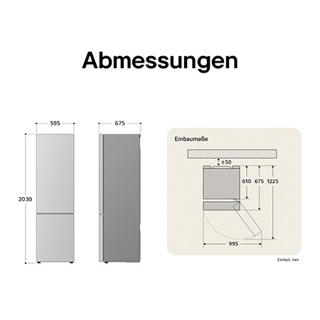 LG Kühl-Gefrierkombination GBV7280CEV technische Zeichnung: H 2030, B 595, T 675 mm, zeigt Einbaumaße und den $\ge$50 mm Wandabstand.