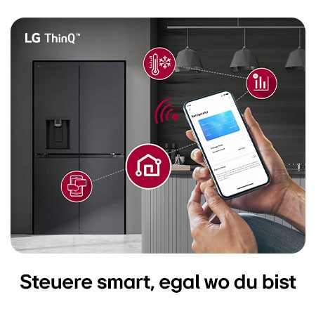 LG Multi-Door Kühlschrank GML960EVBE in mattem Schwarz, mit dem LG ThinQ™ System, wobei die Temperatureinstellungen über eine Smartphone-App ferngesteuert werden.