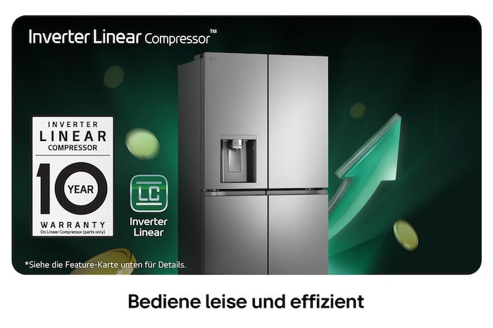 LG Multi-Door Kühlschrank GML960PYFE in silberner Optik, beworben mit dem Inverter Linear Compressor™ und einer 10-jährigen Garantie für leisen Betrieb und hohe Energieeffizienz.
