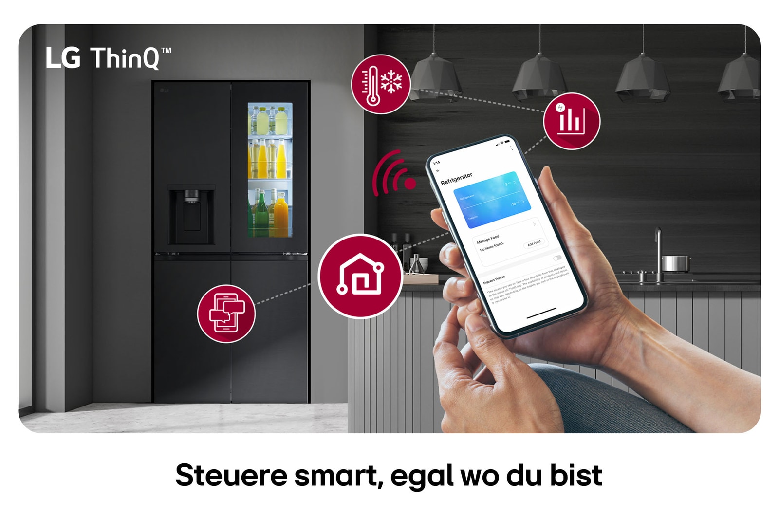 LG Multi-Door Kühlschrank GMG761EPAE und eine Hand, die die Temperaturkontrolle über die LG ThinQ™ App auf einem Smartphone verwaltet.